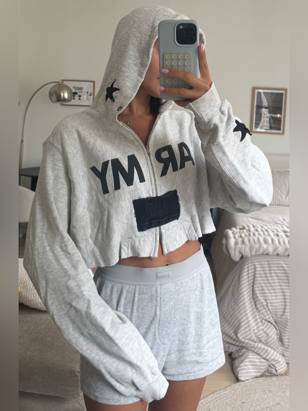 Cropped Hooded Zip Jacket - Light Gray ARMY Star
